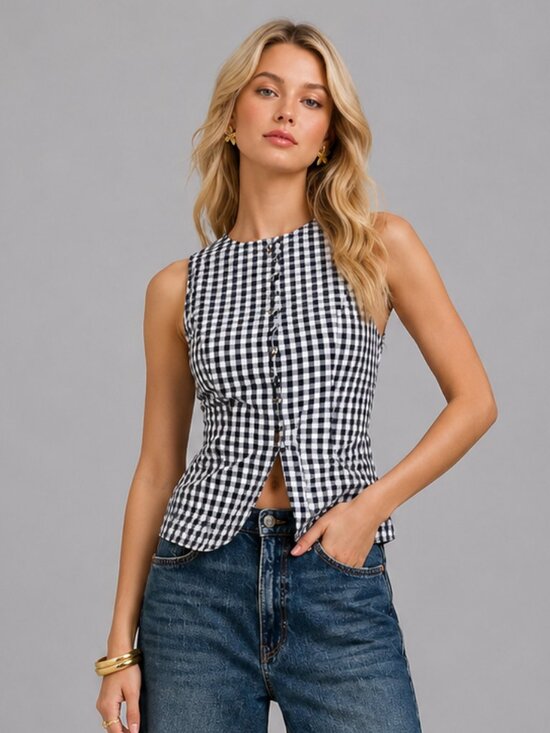 Tops - Women's Cotton Navy White Gingham Sleeveless Button Front Summer Blouse Shirt